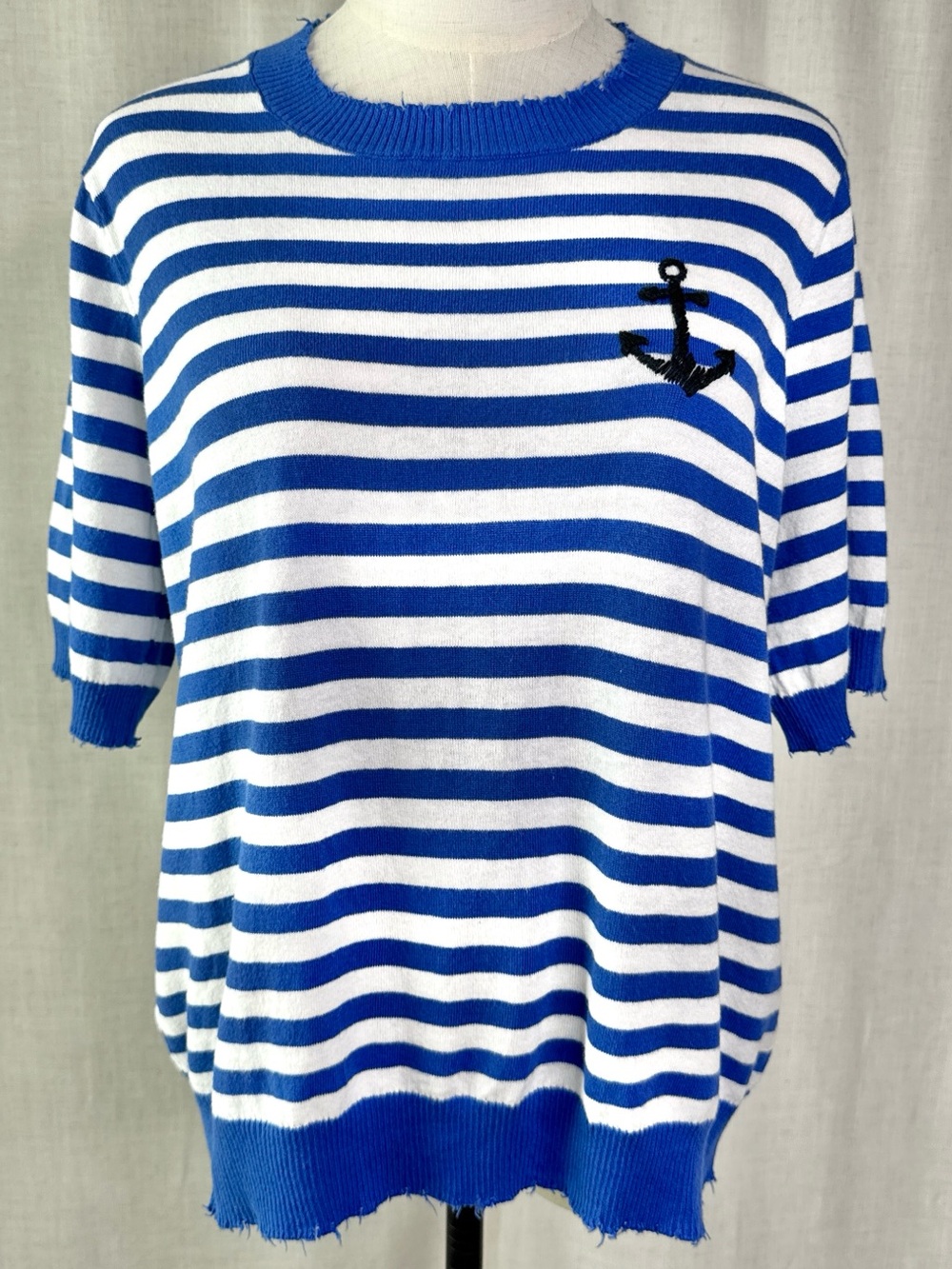 Minnie Rose Boxy Striped Nautical Tee Blue White Cotton Cashmere Size Large